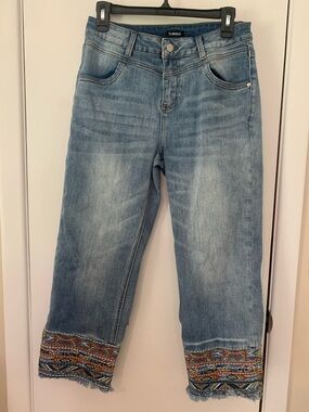 ⁠FLAMINGAL Boho Embroidered Fringe Cuff Capri Jeans Medium Blue Distressed Crop